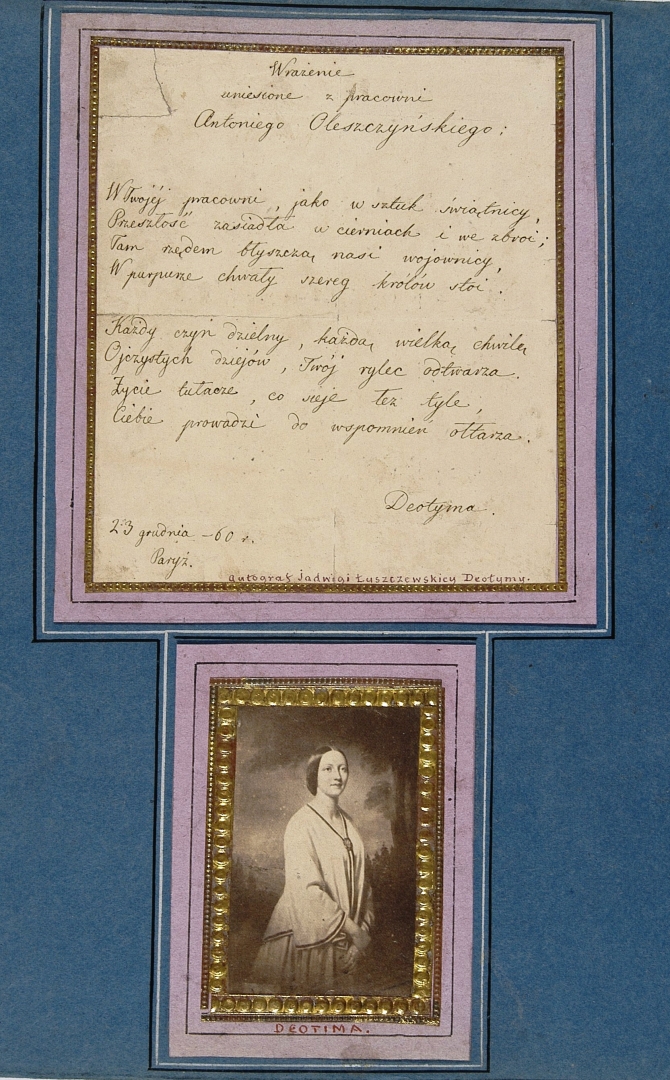Portret Jadwigi Łuszczewskiej  naklejony na podkładkę wspólnie z autografem Deotymy.